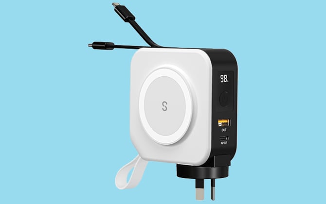 Snap PowerPack Universal 5-in-1 MagSafe Compatible Charger is shown with its cables and power plug unfolded. 