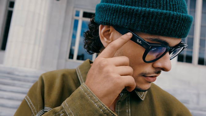 Ray-Ban Meta Smart Glasses on model shown from the side.