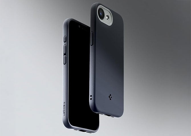 Spigen Nano Pop MagFit Case for iPhone 16e shown from the front and back.