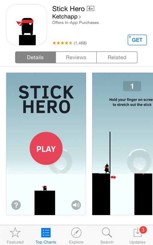 Stick Hero iOS app with the 
