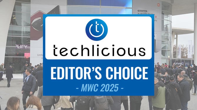 The Techlicious MWC 2025 Editor's Choice Award logo sits on top of a photo of an entry point to MWC 2025