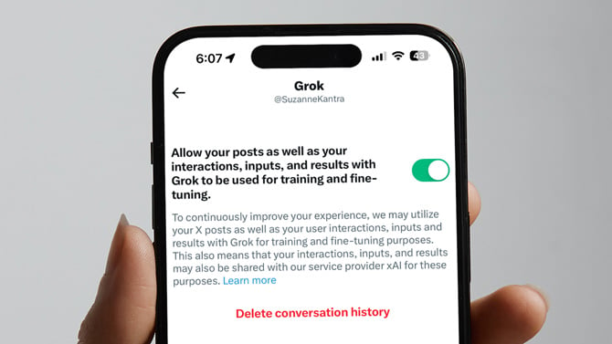 Screenshot of Grok AI training opt-out screen on an iPhone