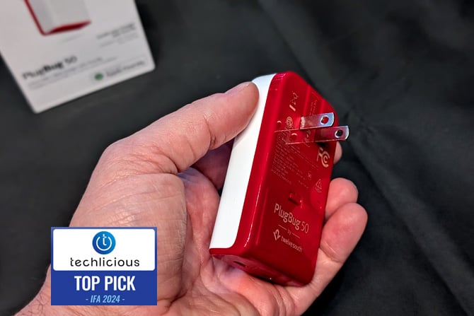  The Twelve South 50W PlugBug is shown in a hand. The Techlicious Top Pick Award logo is in the lower left.