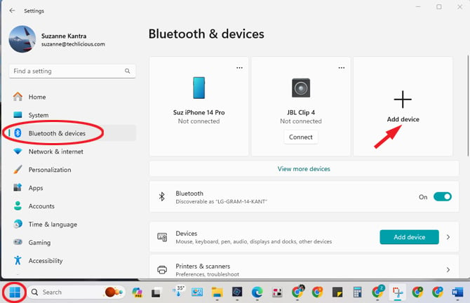 Bluetooth Settings screen for Windows 11 with the Add Device button pointed out and the Windows icon and Bluetooth & devices menu option circled.